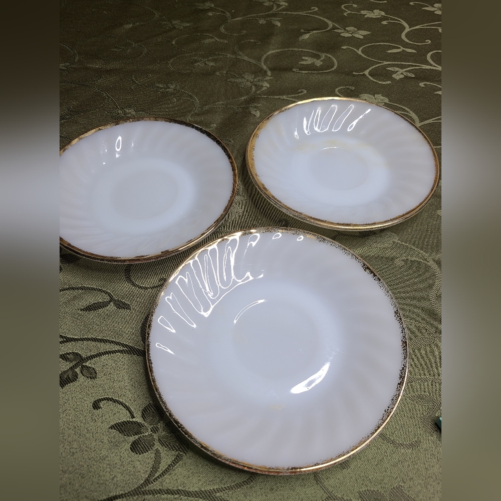 3 Vintage Fire King made in U.S.A. 6" milk, swirl, gold trim saucer plates